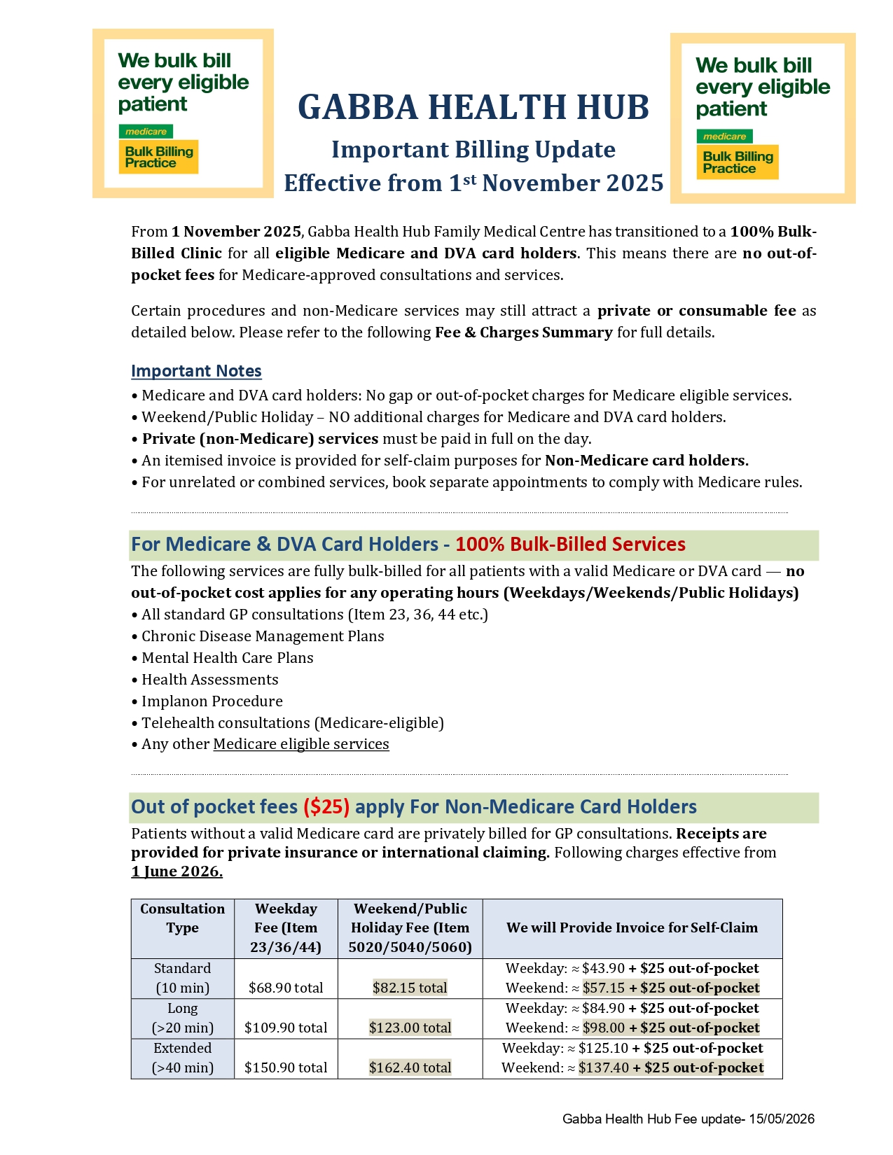 Gabba Health Hub Fee Page 1